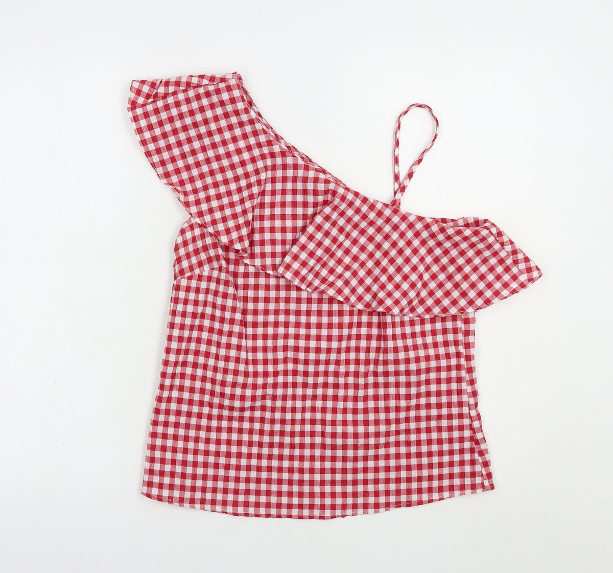 Additional front view of New Look women’s red check polyester basic blouse, size UK 8, one shoulder