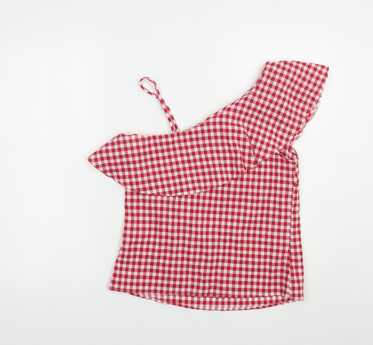 Back view of New Look women’s red check polyester basic blouse, size UK 8, one shoulder