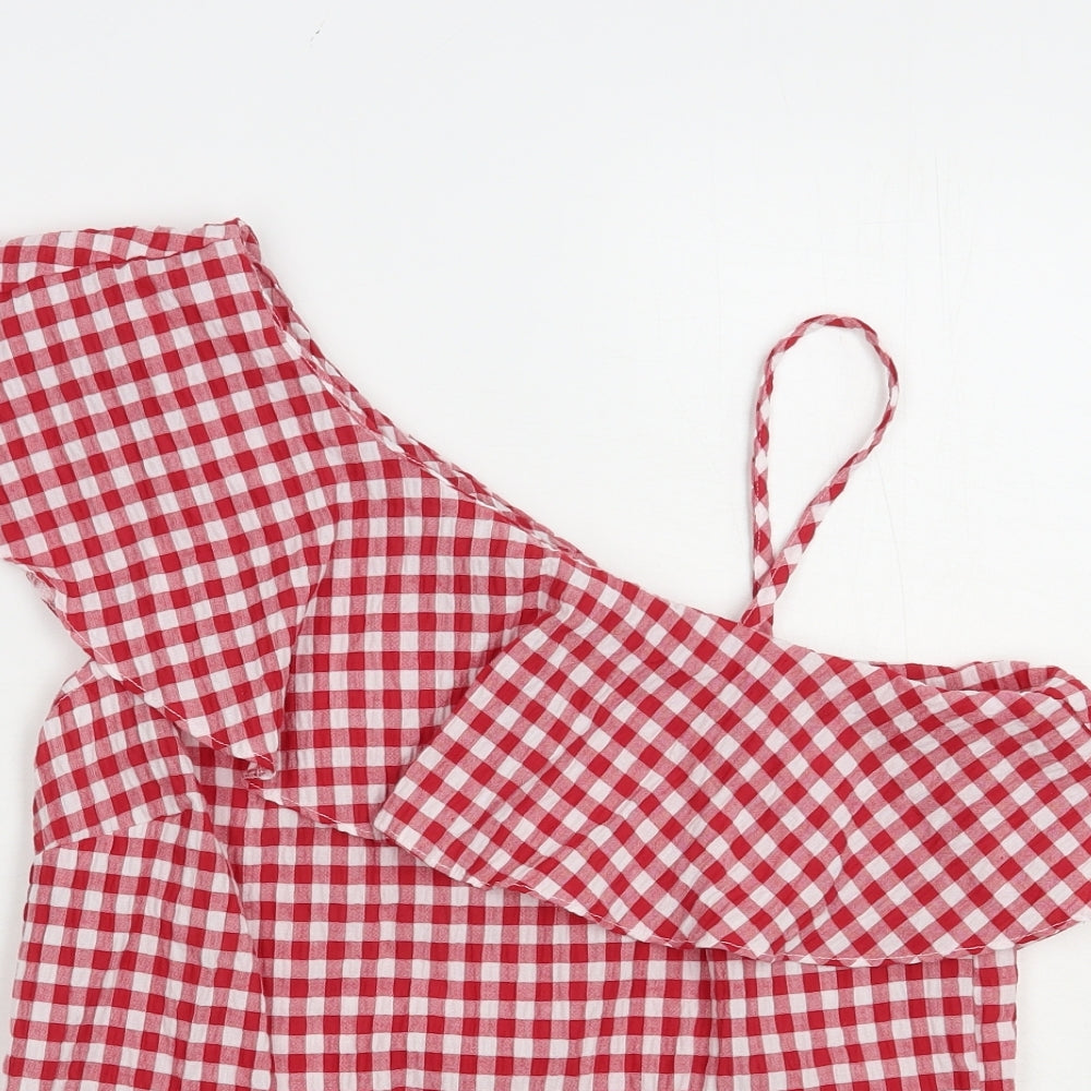 Close-up detail of New Look women’s red check polyester basic blouse, size UK 8, one shoulder