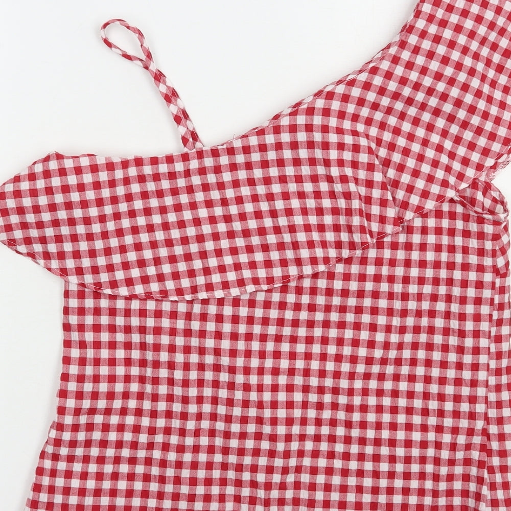 Brand and care label for New Look women’s red check polyester basic blouse, size UK 8, one shoulder