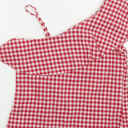 Brand and care label for New Look women’s red check polyester basic blouse, size UK 8, one shoulder