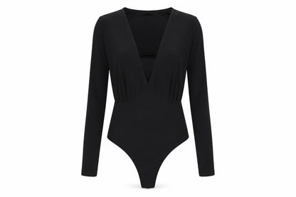 Front view of I Saw It Firest women’s black polyester bodysuit one-piece, size UK 8, snap