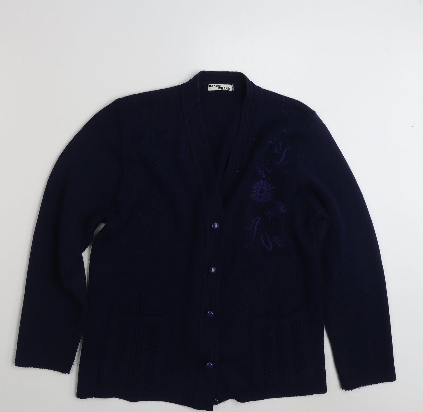 Hand to Hand  Womens Blue V-Neck Floral Acrylic Cardigan Jumper Size M