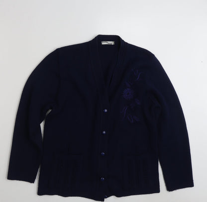 Hand to Hand  Womens Blue V-Neck Floral Acrylic Cardigan Jumper Size M