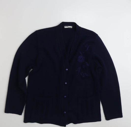 Hand to Hand  Womens Blue V-Neck Floral Acrylic Cardigan Jumper Size M