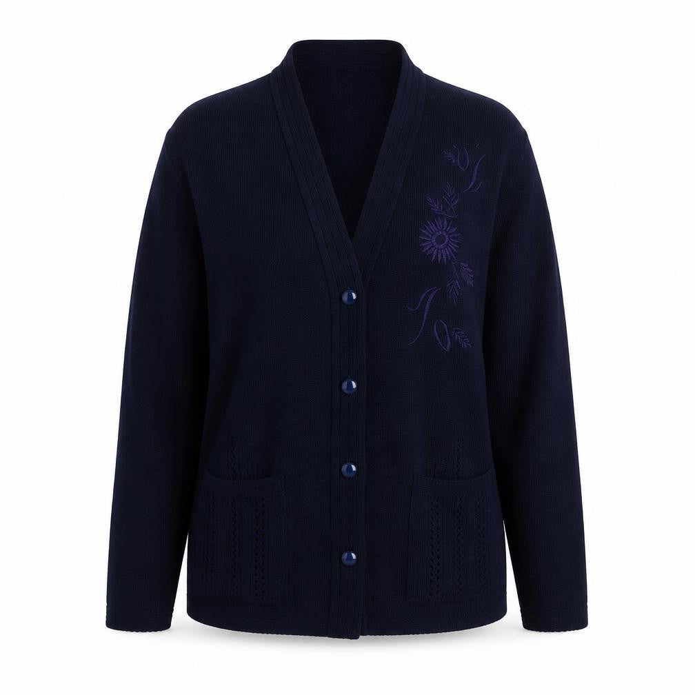 Front view of Hand to Hand women’s blue v-neck floral acrylic cardigan jumper, size M