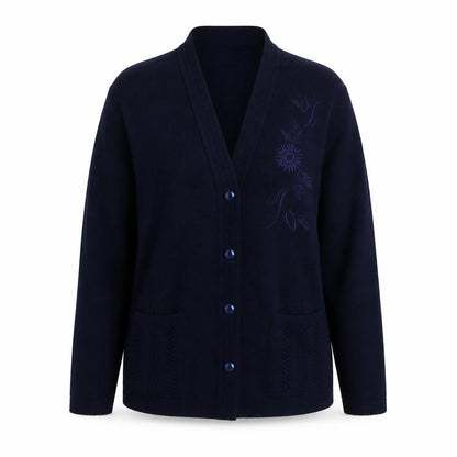 Front view of Hand to Hand women’s blue v-neck floral acrylic cardigan jumper, size M