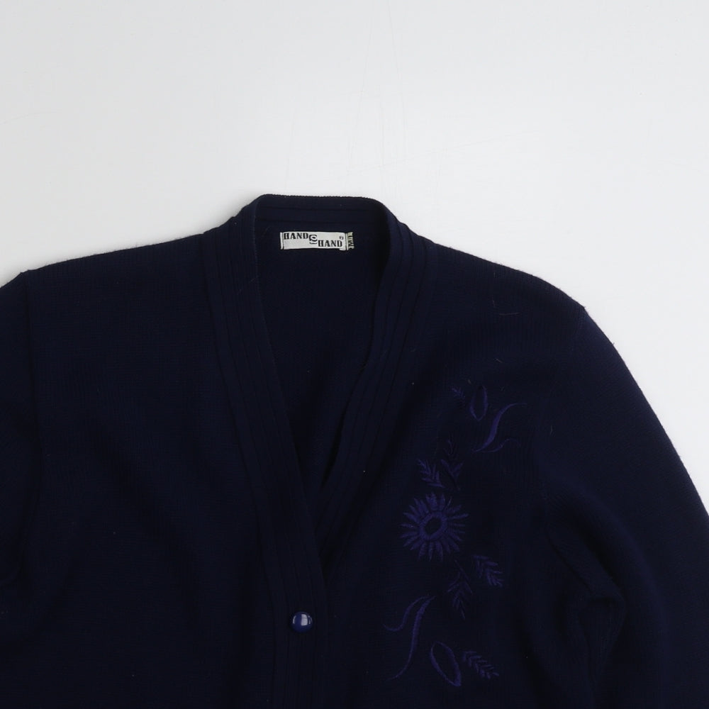 Hand to Hand  Womens Blue V-Neck Floral Acrylic Cardigan Jumper Size M