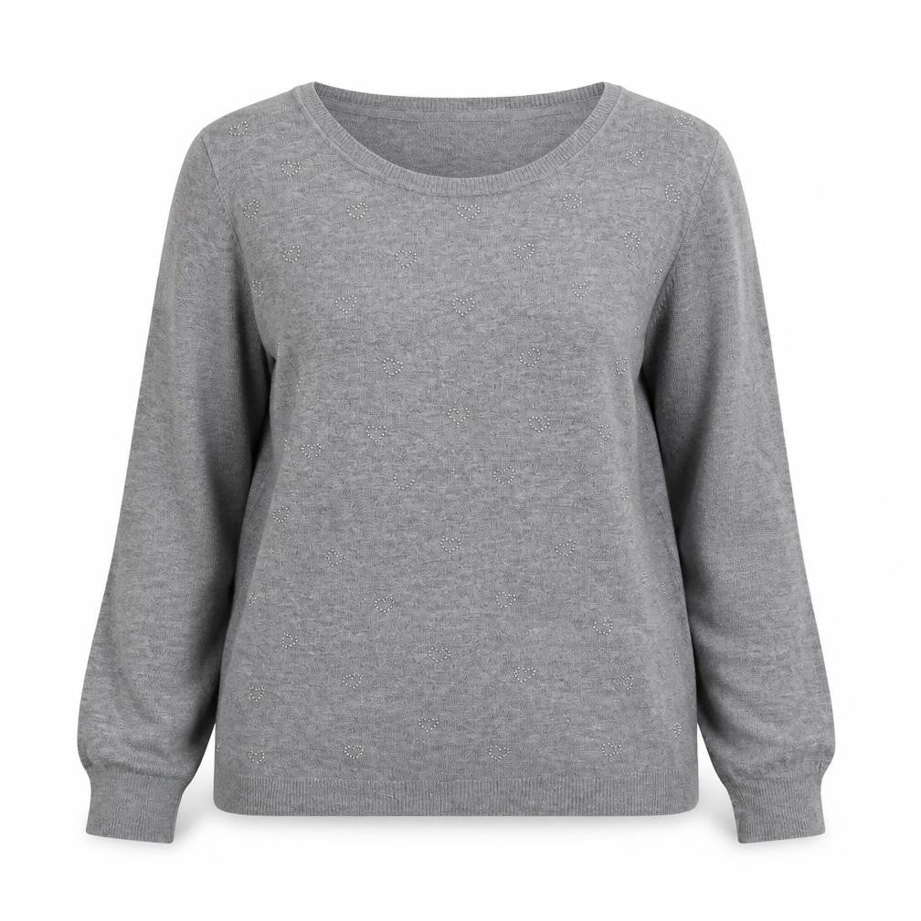 Front view of Marks & Spencer women’s grey crew neck acrylic jumper, size M, - love heart