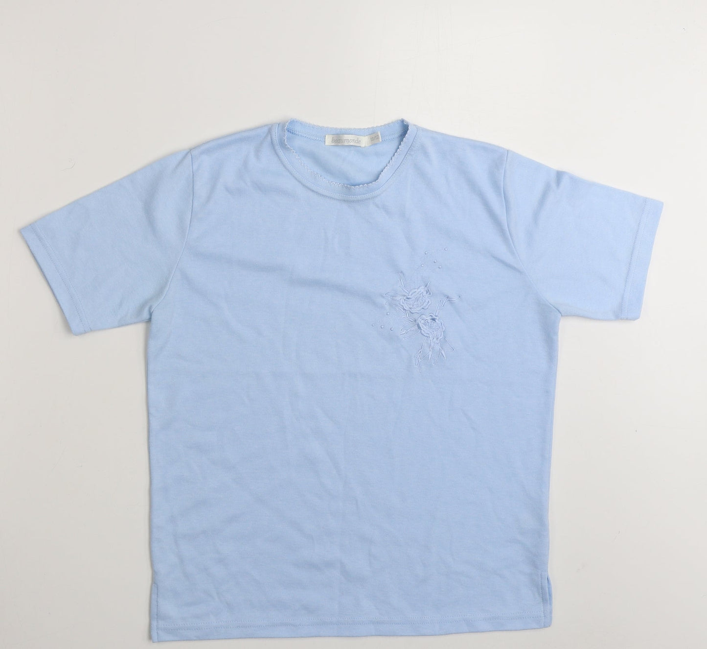 Beaumonde Womens Blue Floral Polyester Basic T-Shirt Size 10 Round Neck - Size 10-12