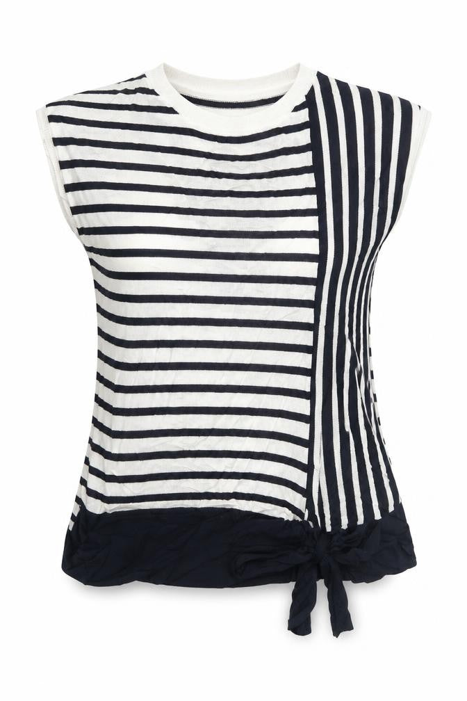 Front view of Marks & Spencer women’s blue boat neck striped viscose vest jumper, size UK 10