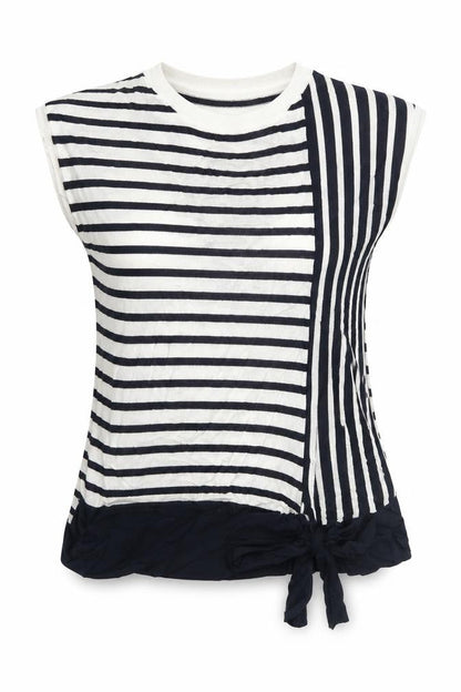 Front view of Marks & Spencer women’s blue boat neck striped viscose vest jumper, size UK 10