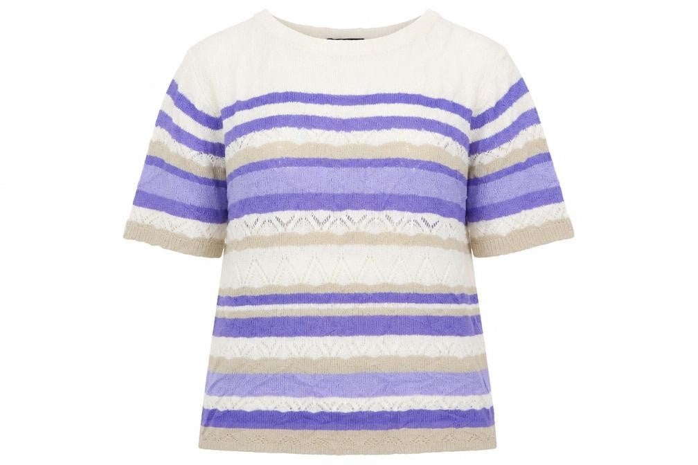 Front view of Bonmarché women’s blue boat neck striped acrylic jumper, size M