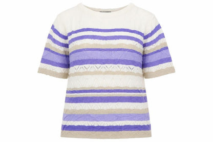 Front view of Bonmarché women’s blue boat neck striped acrylic jumper, size M
