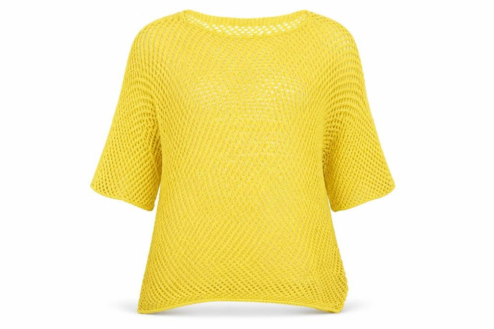 Front view of Isabella D women’s yellow boat neck acrylic jumper, size M