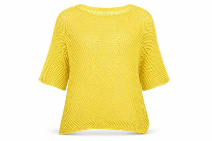 Front view of Isabella D women’s yellow boat neck acrylic jumper, size M