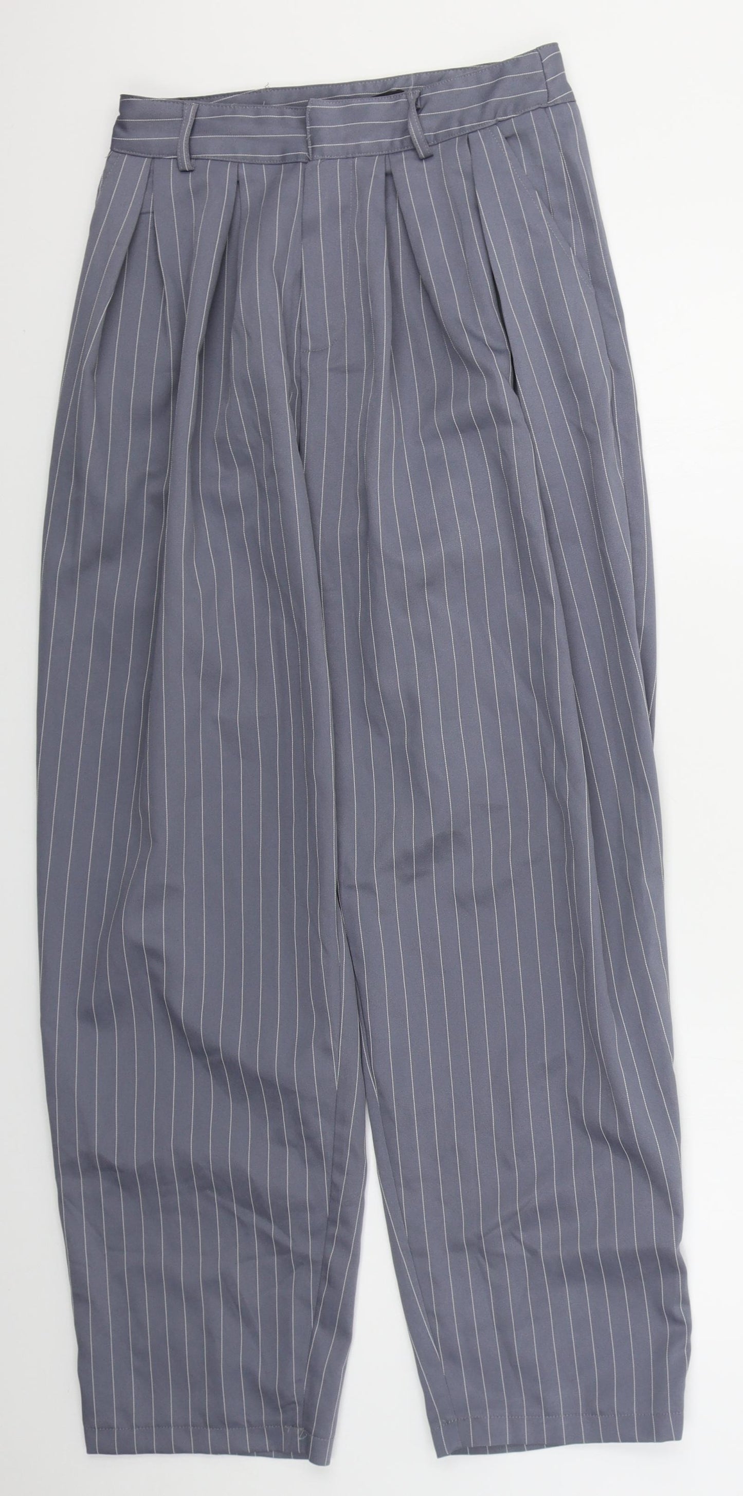 PRETTYLITTLETHING Womens Grey Striped Polyester Trousers  Size 8 L28 in Regular Hook & Eye