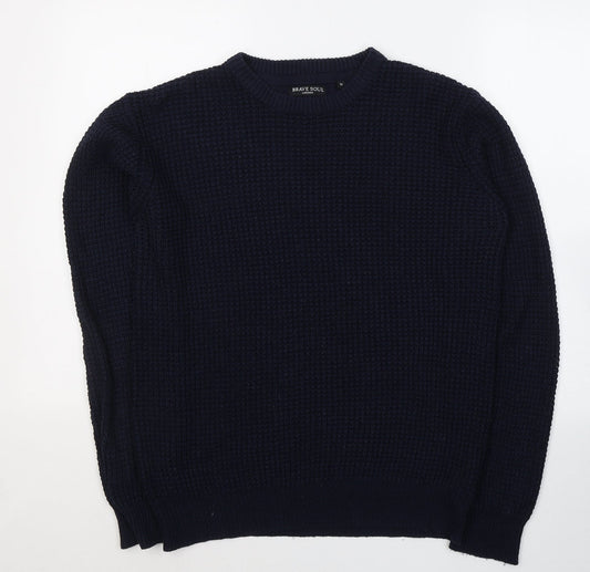 Brave Soul Mens Blue Round Neck  Acrylic Pullover Jumper Size M
