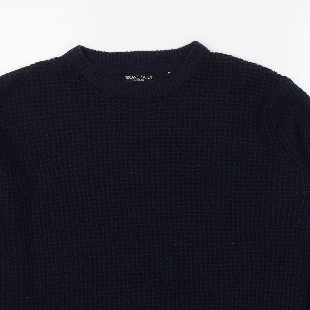 Brave Soul Mens Blue Round Neck  Acrylic Pullover Jumper Size M