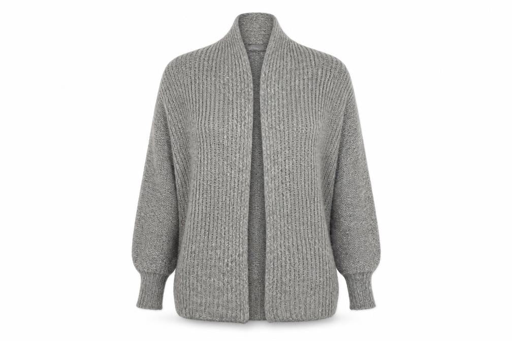 Front view of South women’s grey v-neck acrylic cardigan jumper, size UK 18