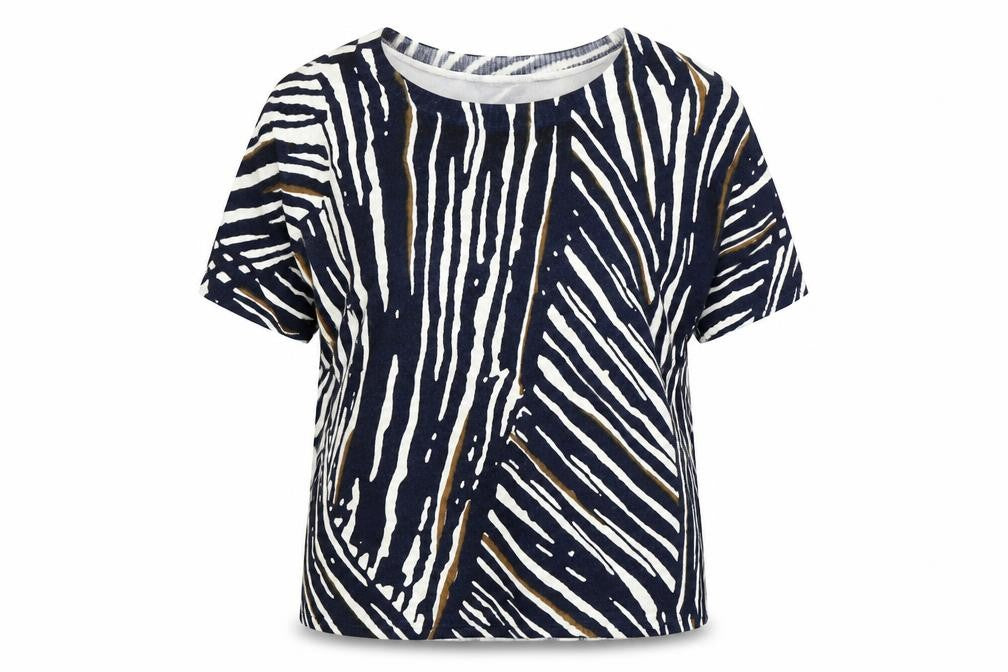 Front view of Marks & Spencer women’s blue round neck animal print acrylic jumper, size UK 14