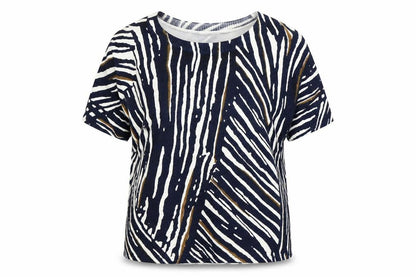 Front view of Marks & Spencer women’s blue round neck animal print acrylic jumper, size UK 14
