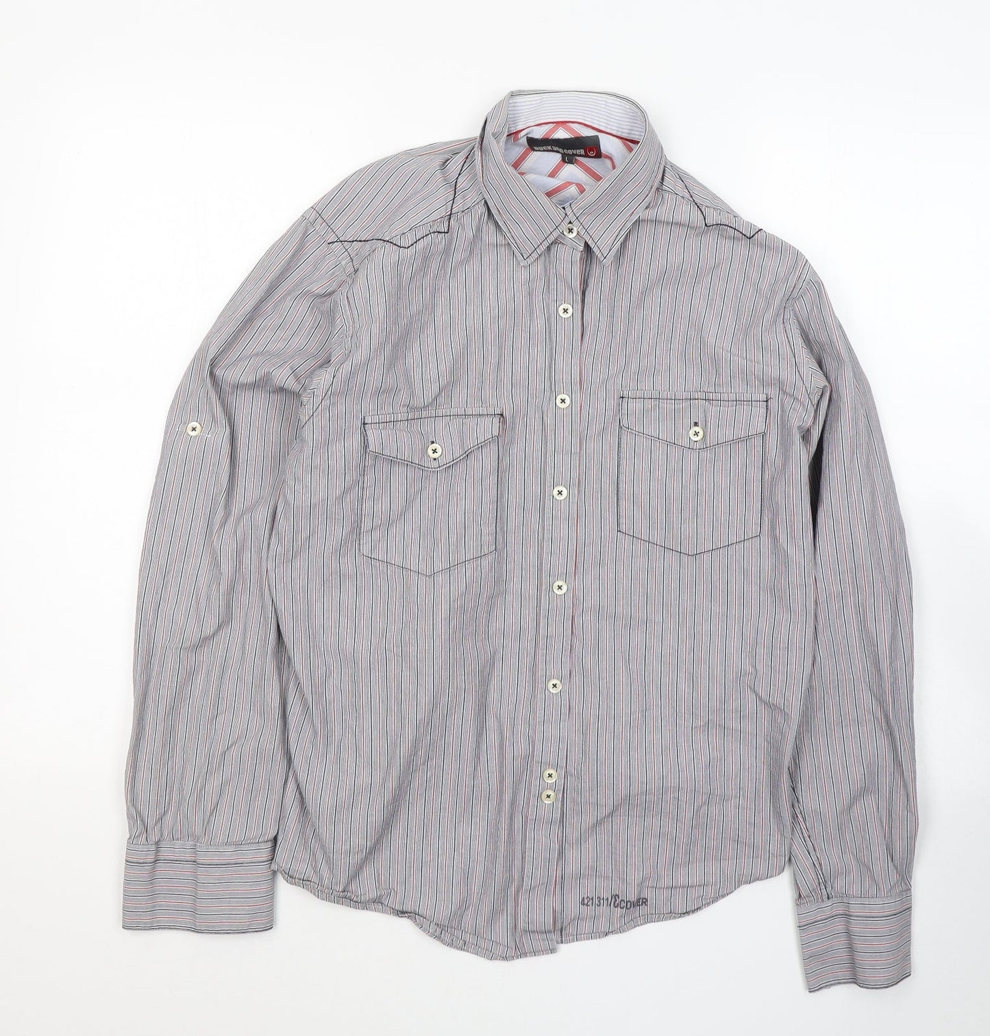 Duck and Cover Boys Green Striped Cotton Basic Button-Up Size L Collared Button