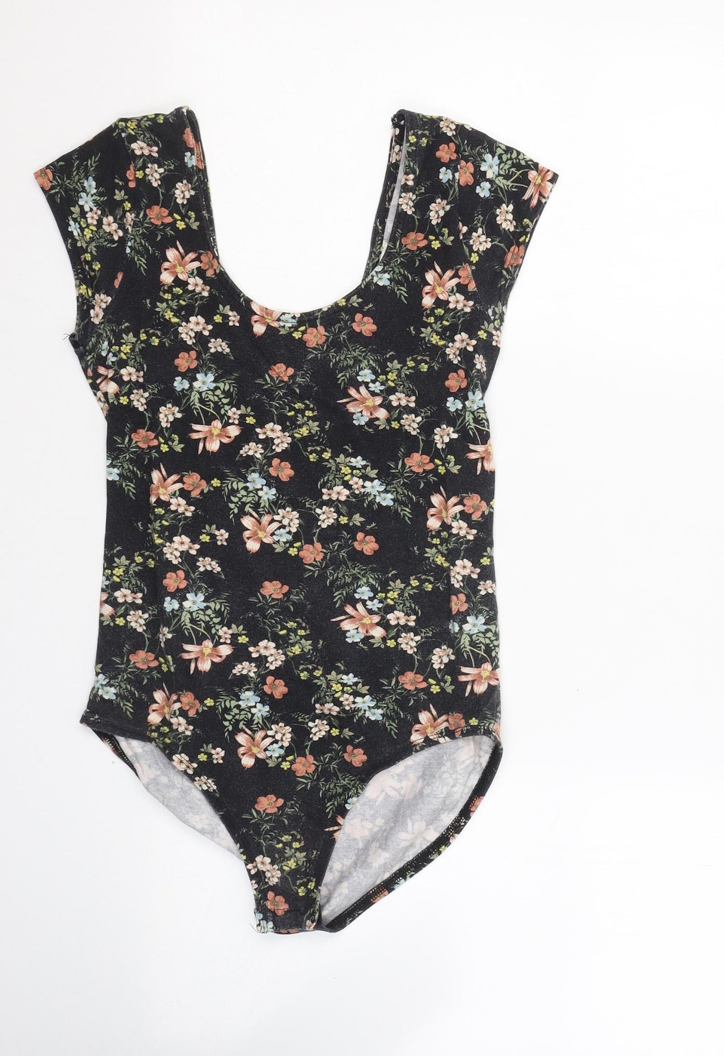 Miss Selfridge Womens Black Floral Cotton Bodysuit One-Piece Size 10  Button