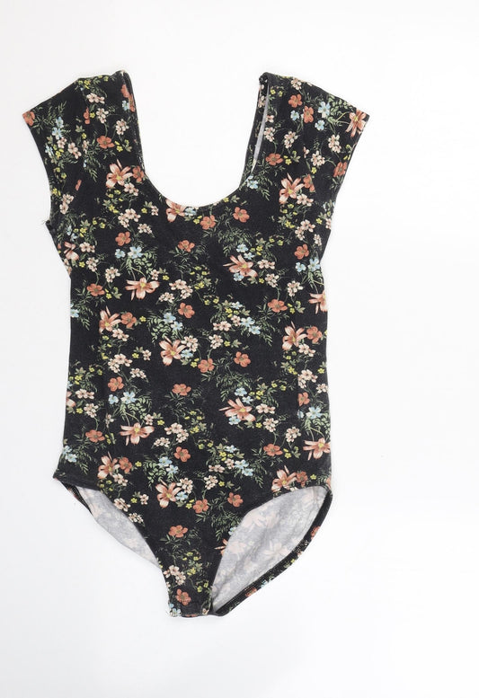 Miss Selfridge Womens Black Floral Cotton Bodysuit One-Piece Size 10  Button