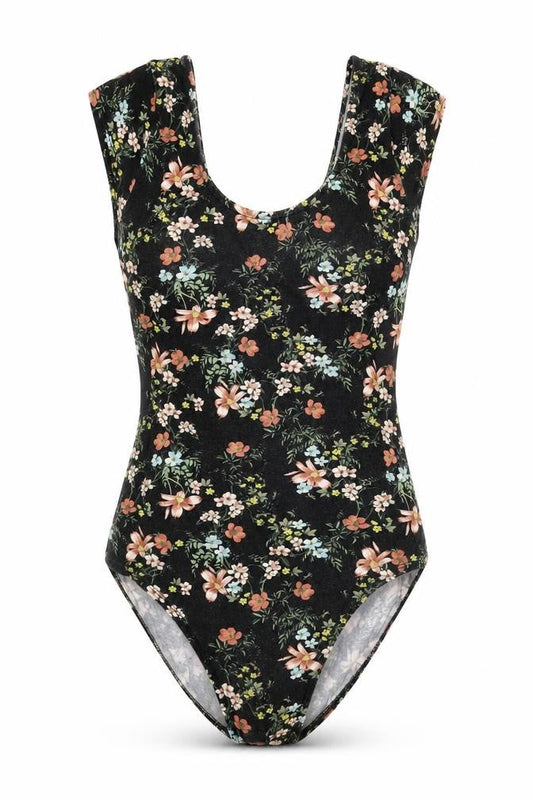Front view of Miss Selfridge women’s black floral cotton bodysuit one-piece, size UK 10, button