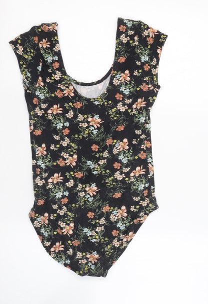 Miss Selfridge Womens Black Floral Cotton Bodysuit One-Piece Size 10  Button