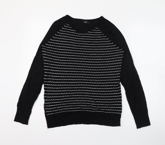 F&F Womens Black Crew Neck Striped Viscose Pullover Jumper Size 12