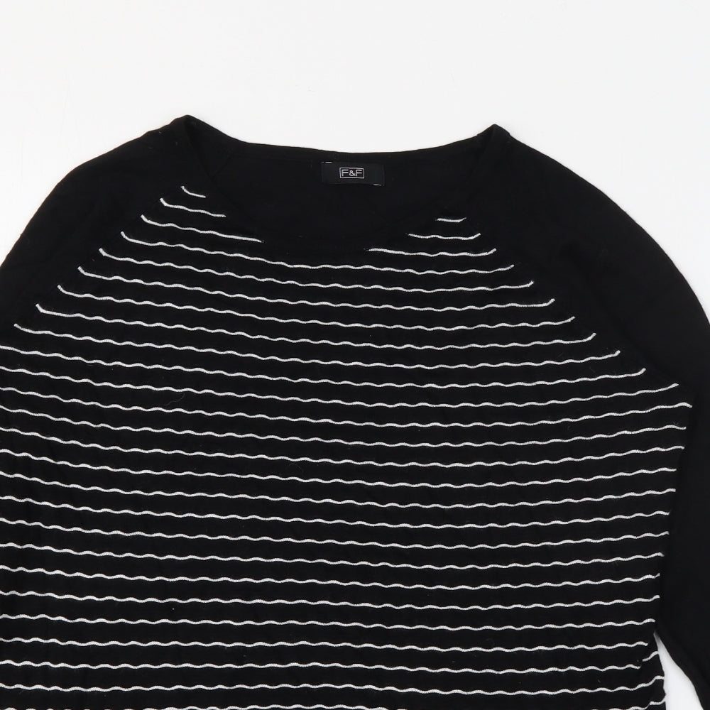 F&F Womens Black Crew Neck Striped Viscose Pullover Jumper Size 12