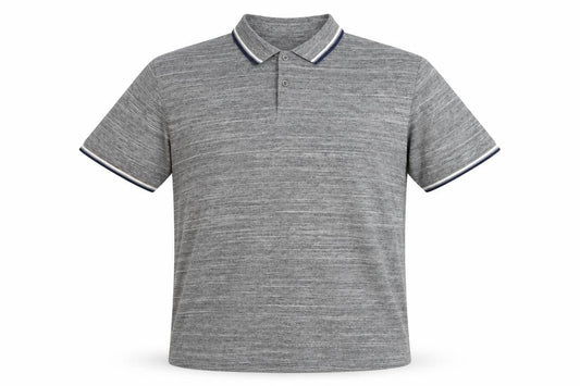 Front view of AWC85 men’s grey polyester polo, size XL, collared button