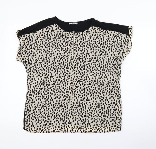 TU Womens Beige Animal Print Viscose Basic Blouse Size 12 Crew Neck