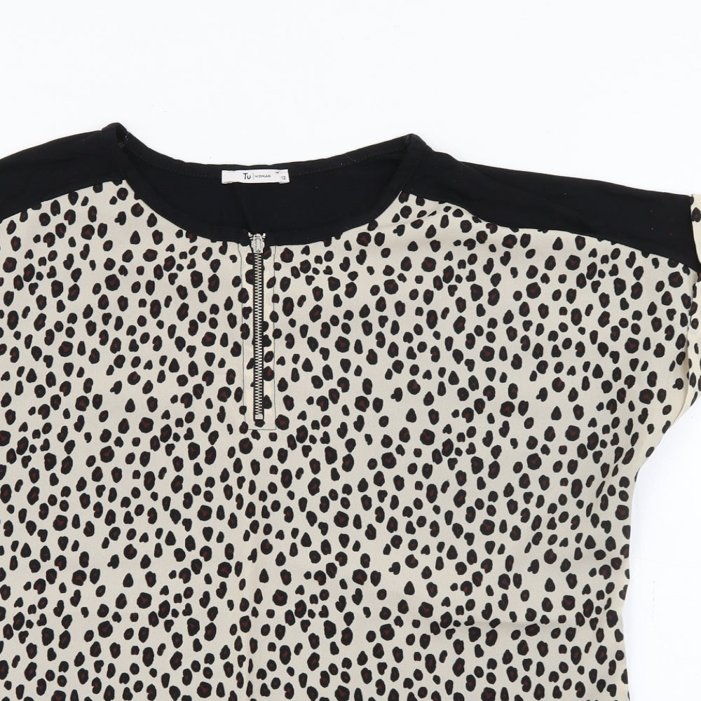 TU Womens Beige Animal Print Viscose Basic Blouse Size 12 Crew Neck