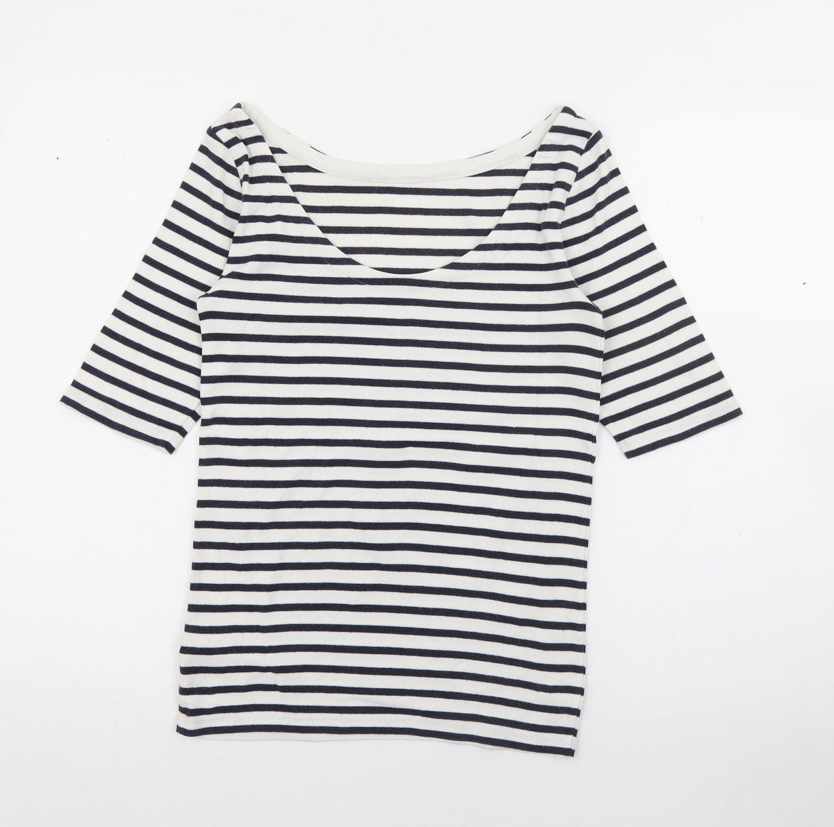 Additional front view of EAC women’s white scoop neck striped polyester jumper, size S