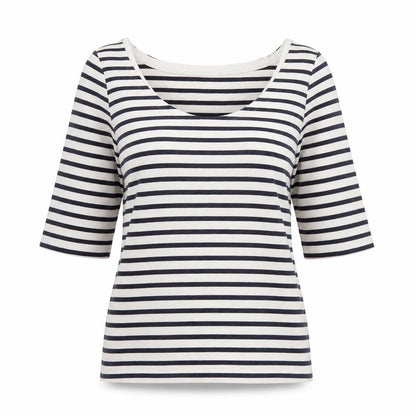 Front view of EAC women’s white scoop neck striped polyester jumper, size S