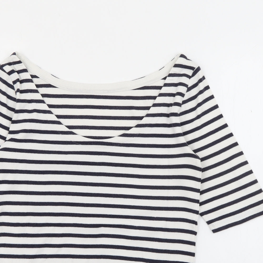 Close-up detail of EAC women’s white scoop neck striped polyester jumper, size S