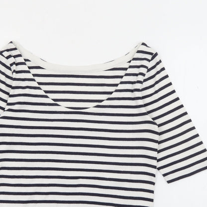 Close-up detail of EAC women’s white scoop neck striped polyester jumper, size S