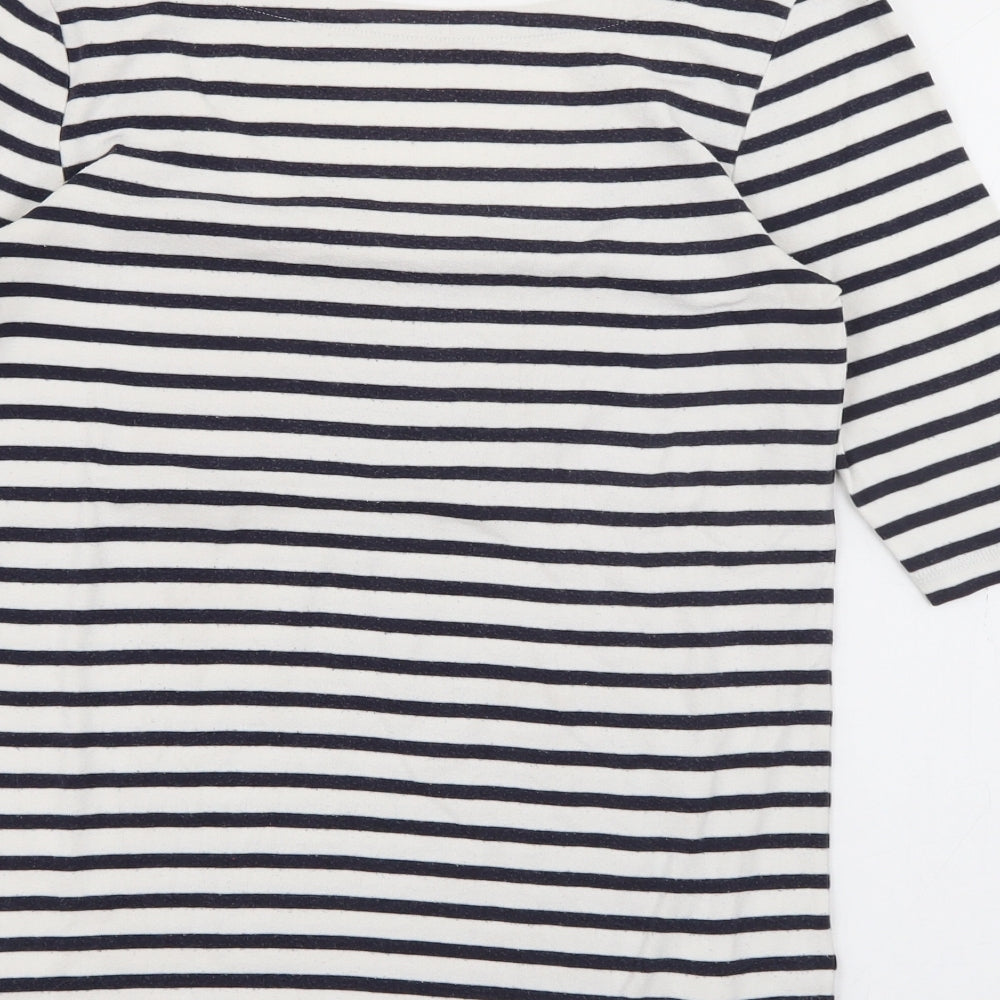 Brand and care label for EAC women’s white scoop neck striped polyester jumper, size S