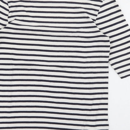Brand and care label for EAC women’s white scoop neck striped polyester jumper, size S