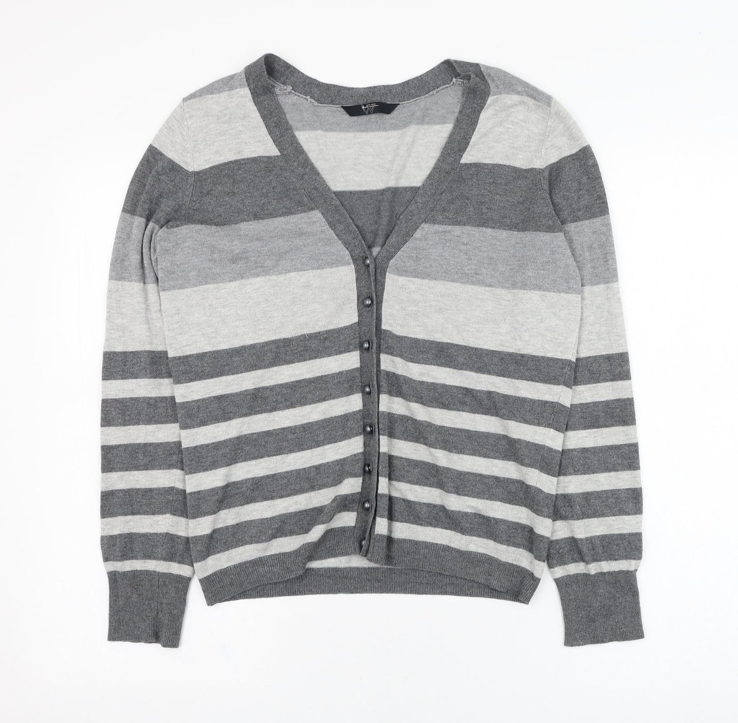 BHS Womens Grey V-Neck Striped Viscose Cardigan Jumper Size 14