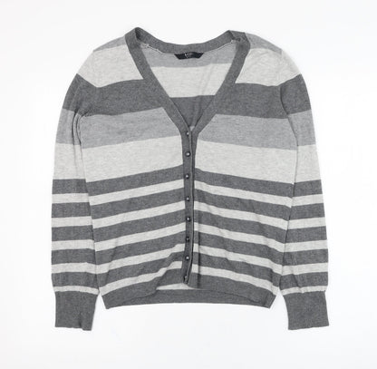 BHS Womens Grey V-Neck Striped Viscose Cardigan Jumper Size 14