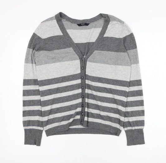 BHS Womens Grey V-Neck Striped Viscose Cardigan Jumper Size 14