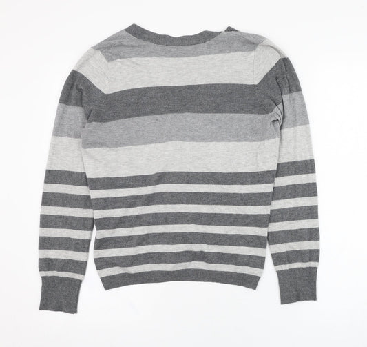 BHS Womens Grey V-Neck Striped Viscose Cardigan Jumper Size 14