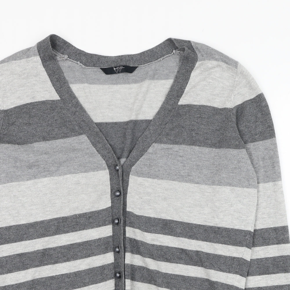 BHS Womens Grey V-Neck Striped Viscose Cardigan Jumper Size 14