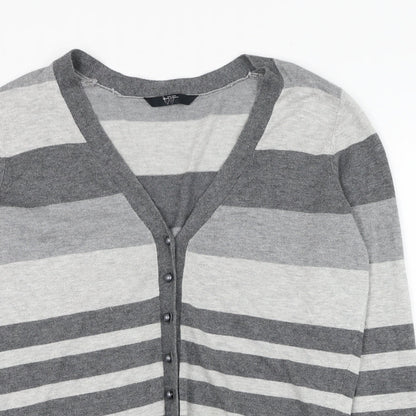BHS Womens Grey V-Neck Striped Viscose Cardigan Jumper Size 14