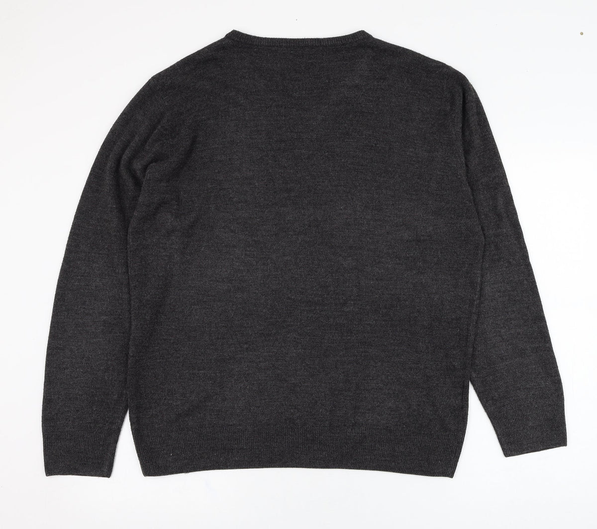 Back view of Taylor & Wright men’s grey v-neck acrylic jumper, size L