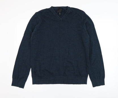 H&M Mens Green V-Neck  Cotton Pullover Jumper Size M